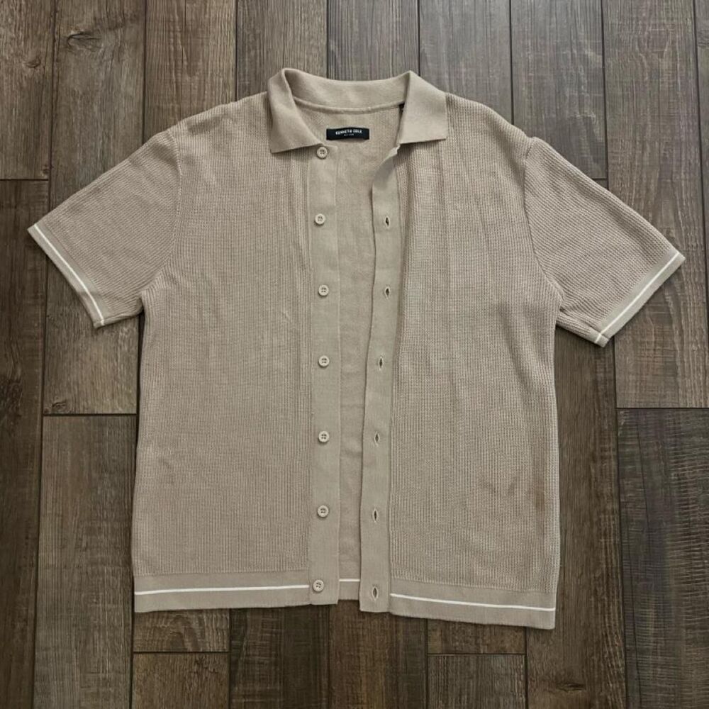Kenneth Cole New York L Contrast Button Polo White Tan Textured Knit